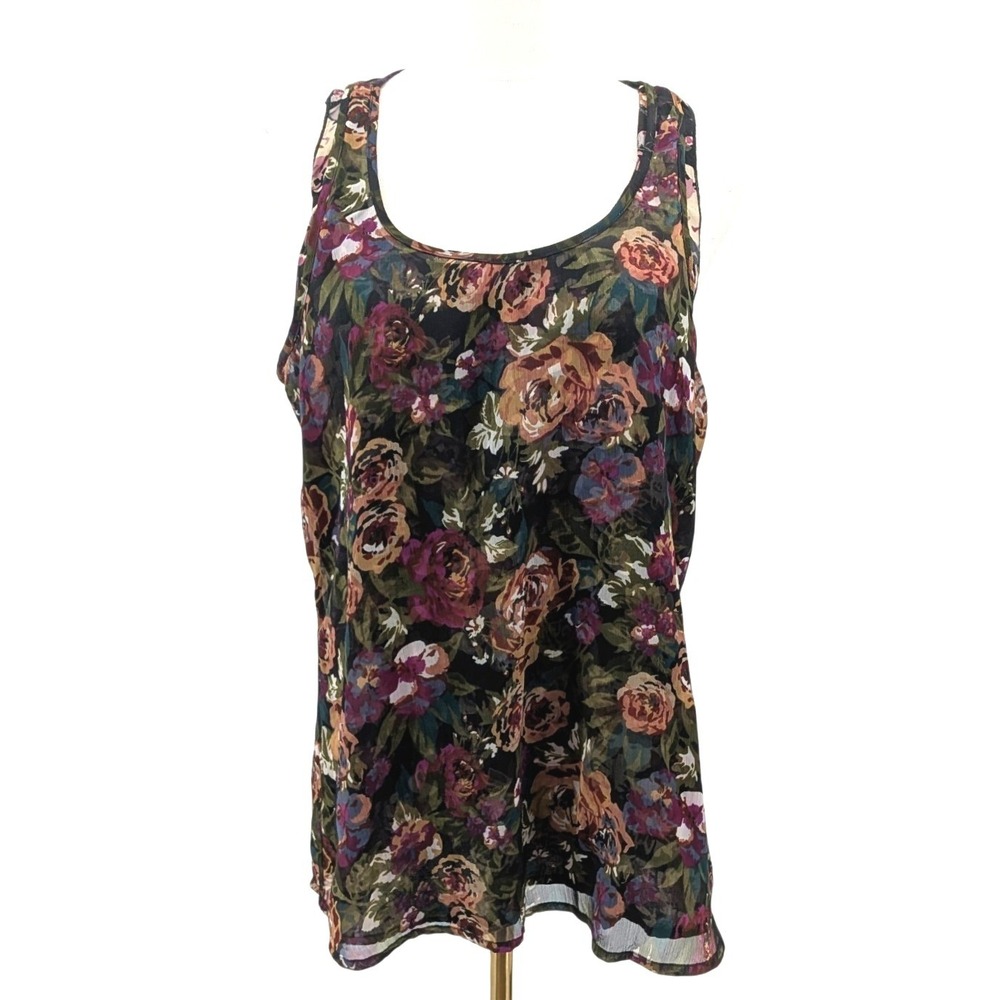 Layered Floral Chiffon‎ Tank Top Sheer Boho Romantic Sleeveless L Rayon